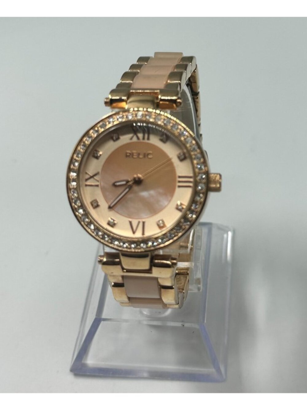 Relic Watch Women Rose Gold Tone Crystal Bezel Mother of Pearl Dial New Battery